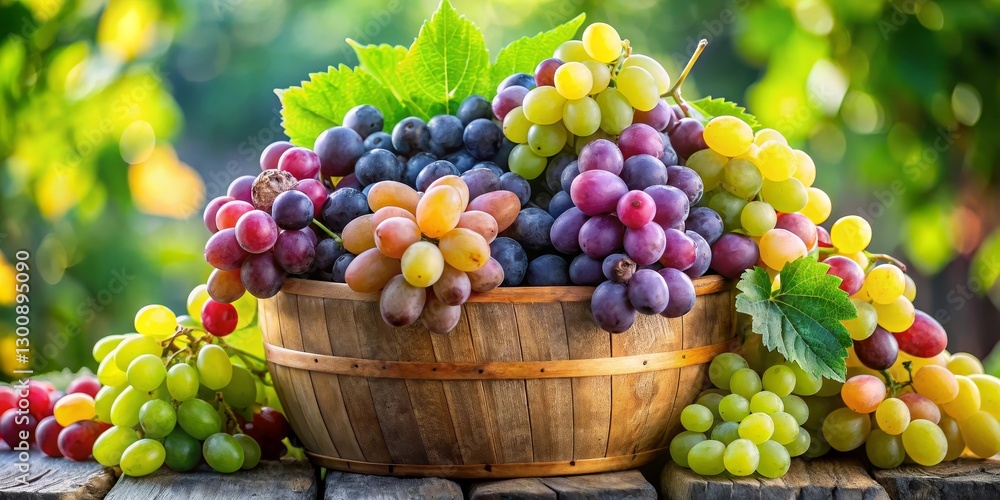 A bountiful harvest of colorful grapes in a rustic wooden basket, nestled amongst vibrant green foliage A bountiful harvest of colorful grapes in a rustic wooden basket, nestled amongst vibrant green foliage