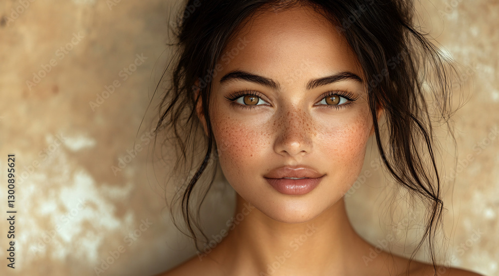 Naklejka premium portrait of an attractive Indian woman with dark hair,clear skin,cosmetic beige background
