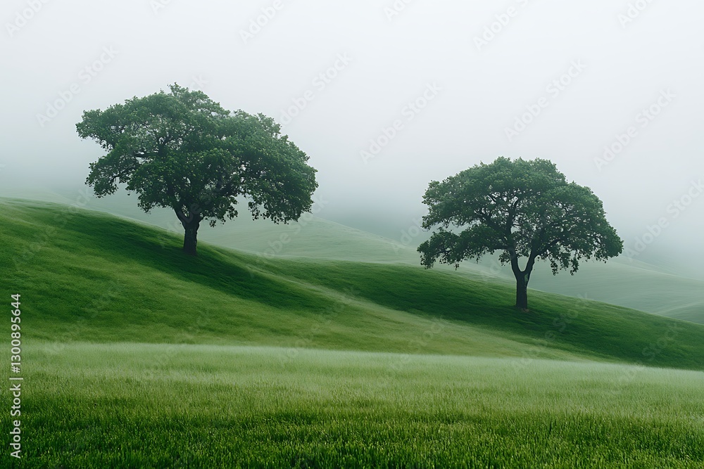 Fototapeta premium Misty morning, twin trees, rolling hills