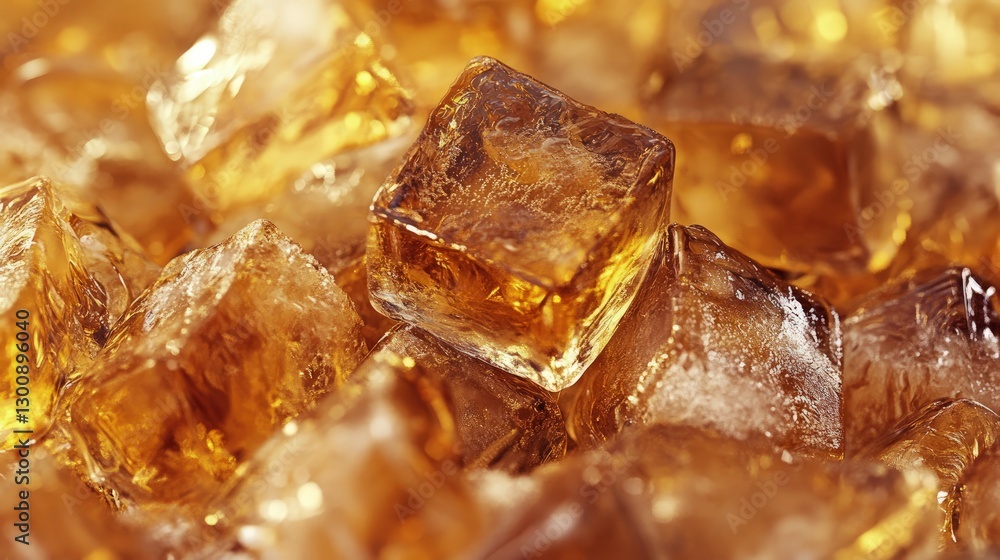 Close-up of ice cubes in an amber-colored drink, highlighting the contrast and texture. The image has a full depth of field in focus Close-up of ice cubes in an amber-colored drink, highlighting the contrast and texture. The image has a full depth of field in focus