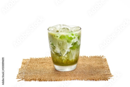 Ice green tea and power green tea put on white background with isolated concept.