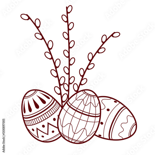 Vector three easter eggs and willow branch