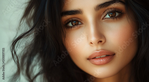 Wallpaper Mural portrait of an attractive Indian woman with dark hair,clear skin,cosmetic beige background Torontodigital.ca