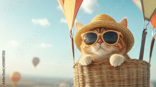 Obraz Cool cat in hot air balloon, adventurous cat in hot air balloon soaring high, stylish cat in hot air balloon ride, Cat in a hot air balloon wearing sunglasses.
