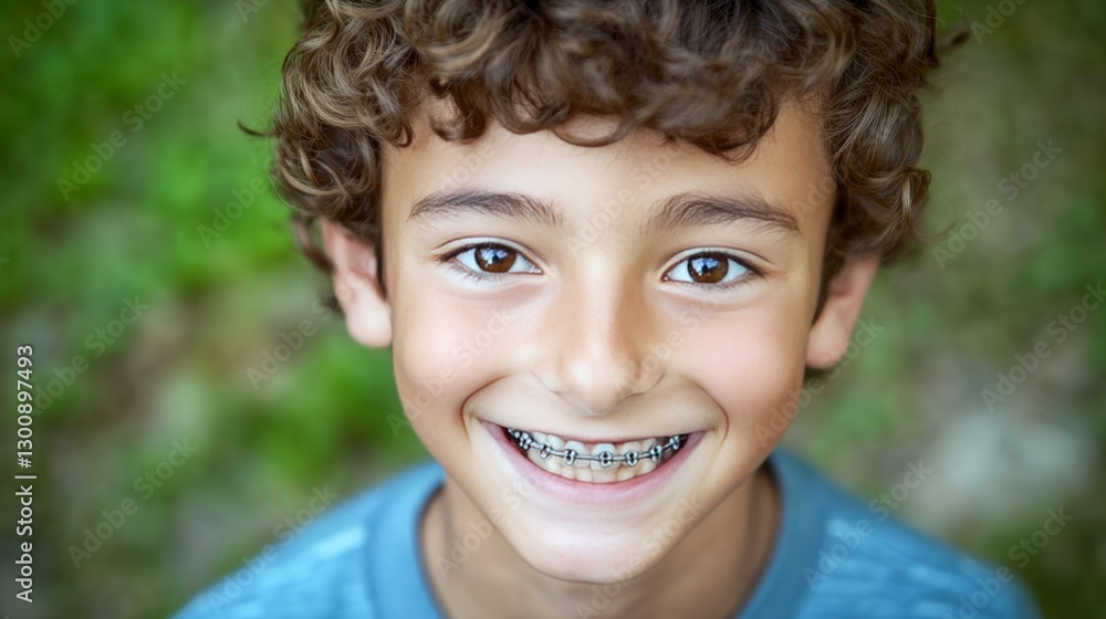 Closeup Portrait of a Smiling Smart Curly-Haired School Boy with Braces on Teeth Looking at Camera. Happy Child with Bright Eyes Expressing Confidence and Intelligence. Education and Youth Concept Closeup Portrait of a Smiling Smart Curly-Haired School Boy with Braces on Teeth Looking at Camera. Happy Child with Bright Eyes Expressing Confidence and Intelligence. Education and Youth Concept