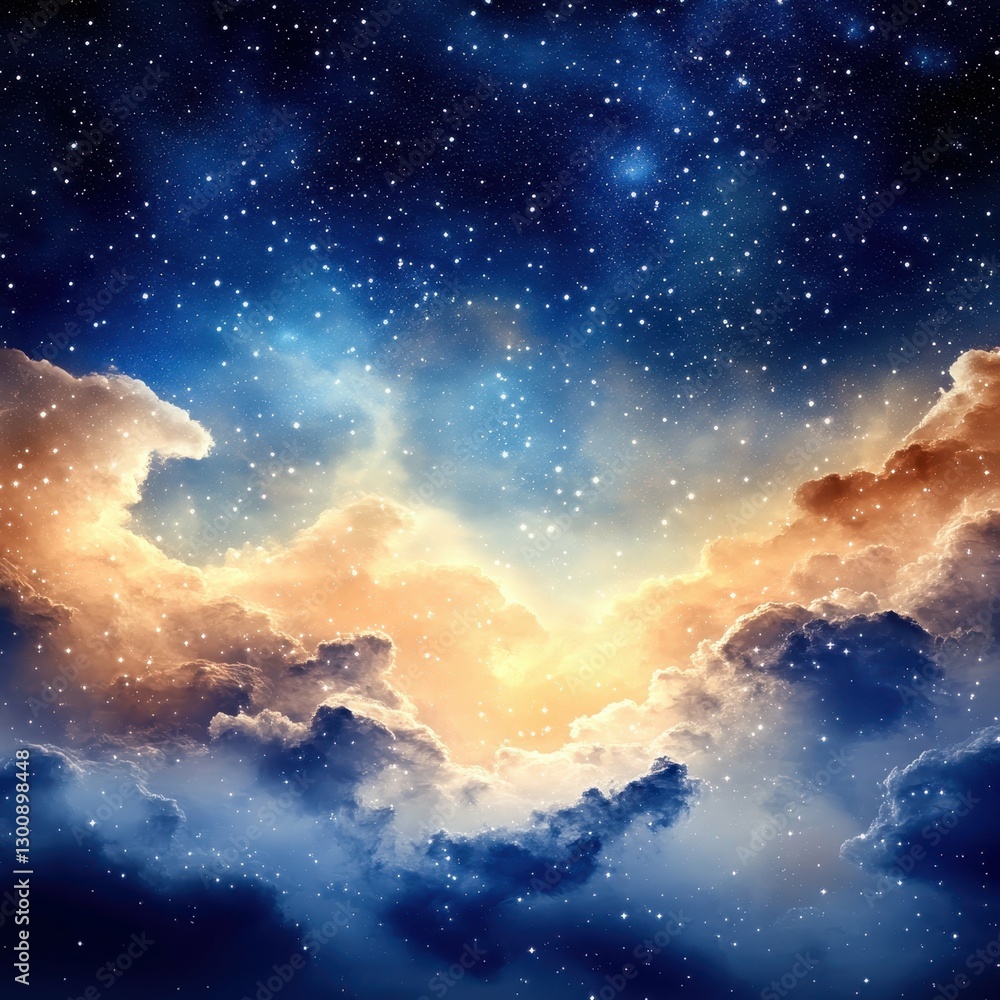 Fototapeta premium Vibrant Nighttime Sky Illuminated by Stars and Clouds With Hints of Warm Light Near Horizon