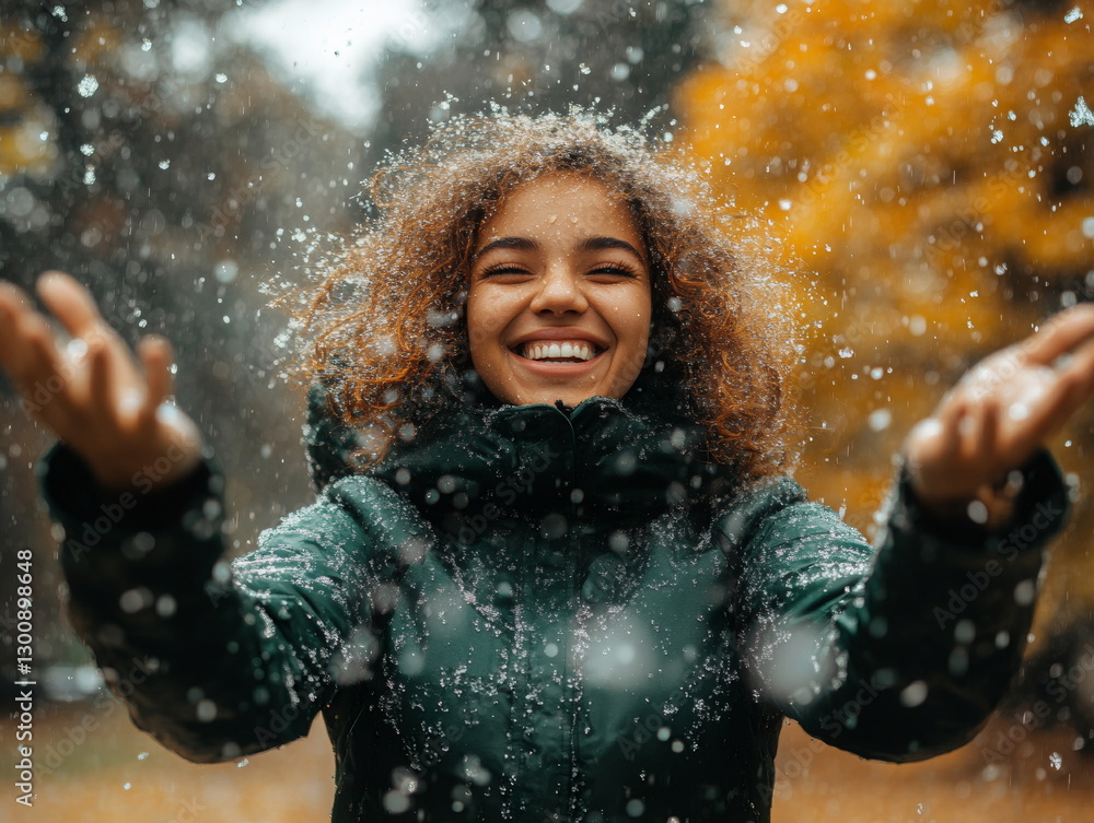 Obraz premium Happy smiling woman enjoying the wet snow outdoors with arms outstretched under a cloudy sky