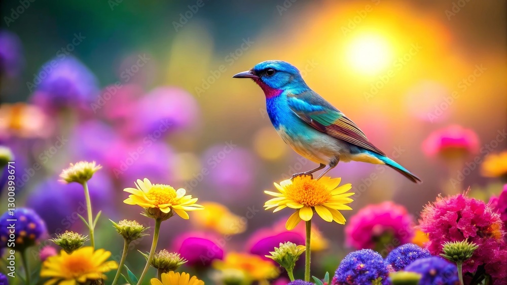 Vibrant avian perched gracefully amidst a breathtaking array of colorful blossoms bathed in the warm glow of sunrise Vibrant avian perched gracefully amidst a breathtaking array of colorful blossoms bathed in the warm glow of sunrise