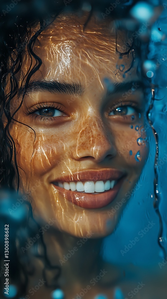Underwater woman smiles, pool, sunlight Underwater woman smiles, pool, sunlight