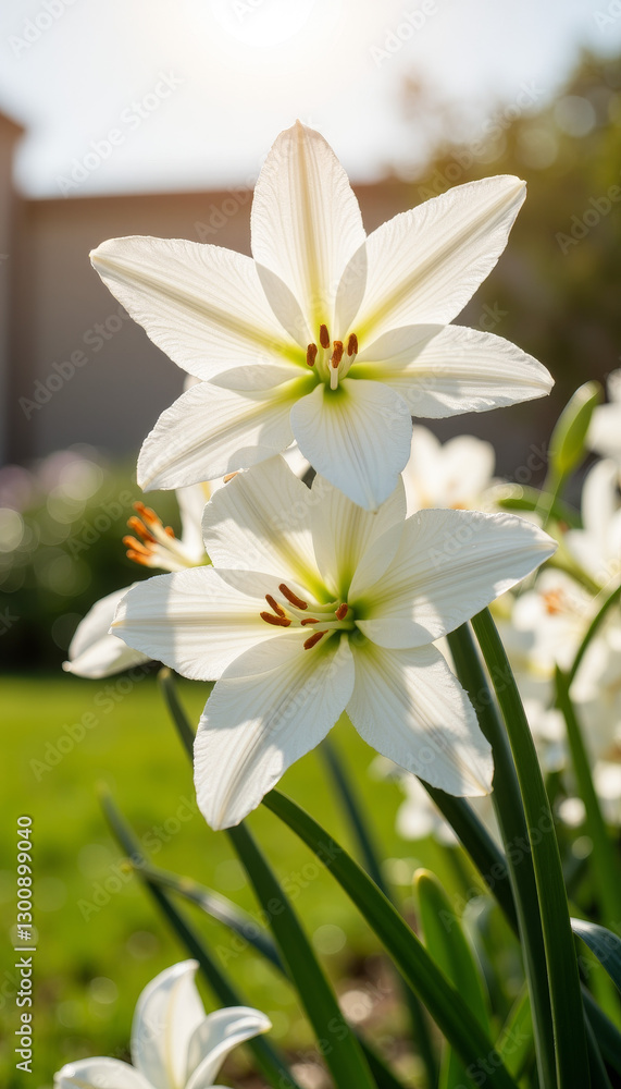 Fototapeta premium Close-up of white lilies in peaceful garden, symbolizing purity