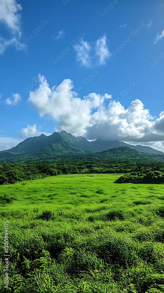 Fototapeta premium Lush green valley, volcanic mountains, blue sky