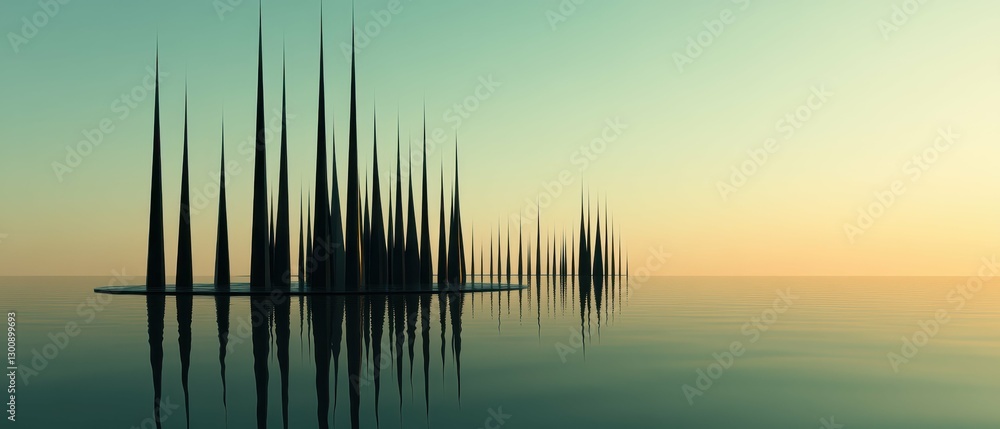 Tall Black Spires Rise From Calm Water Against a Serene Sunset Sky Creating a Dramatic Landscape Tall Black Spires Rise From Calm Water Against a Serene Sunset Sky Creating a Dramatic Landscape