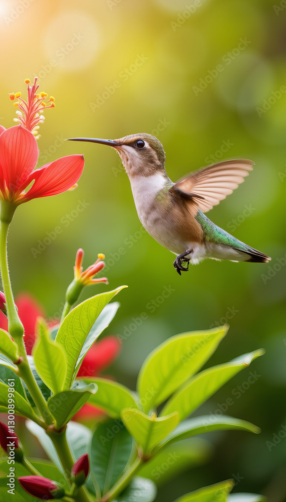 Fototapeta premium Hummingbird hovering near red flower in lush garden, spring beauty
