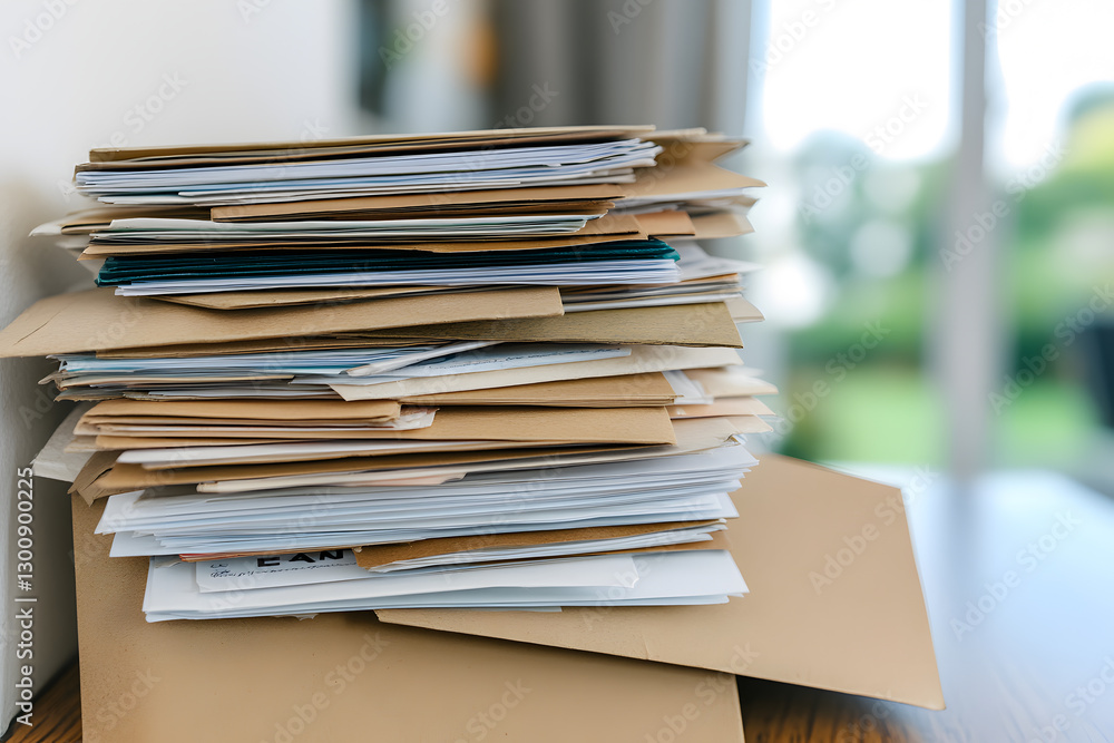 Tall stack of papers and envelopes on a wood table with natural light from a nearby window shining on it. Office documents. Paperwork concept. Tall stack of papers and envelopes on a wood table with natural light from a nearby window shining on it. Office documents. Paperwork concept.