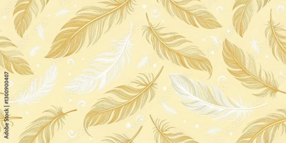 a pattern of golden and white feathers spread on yellow background a pattern of golden and white feathers spread on yellow background