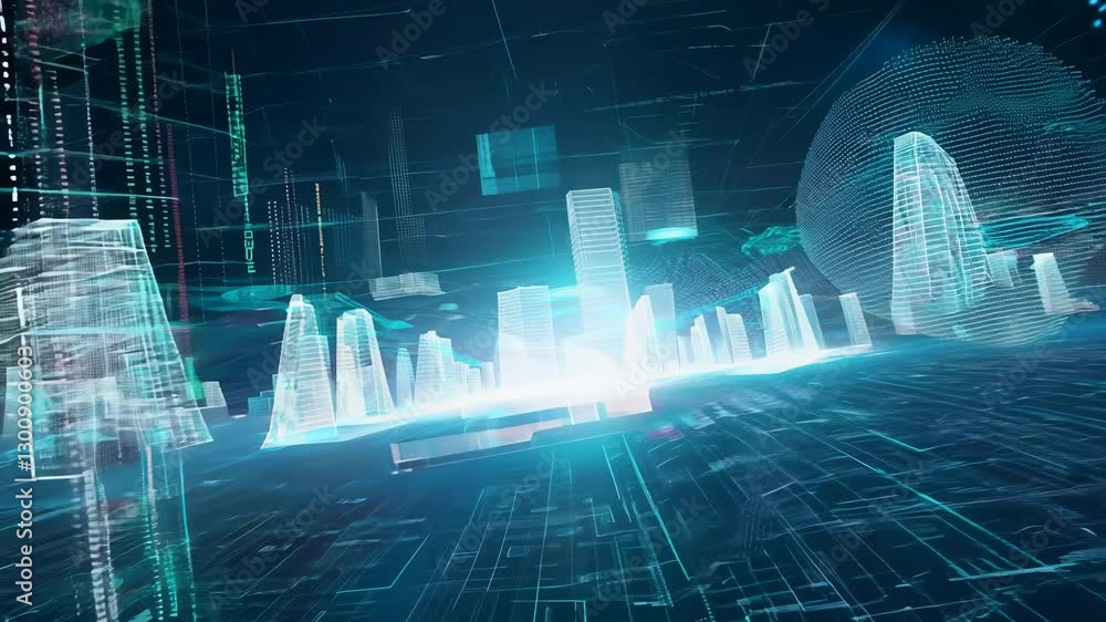Digital Cityscape Fly-Through Abstract Futuristic Urban Landscape ...