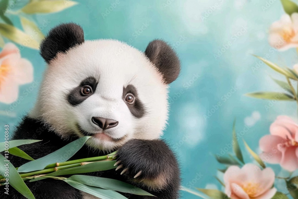 Fototapeta premium A panda bear lying on its back, holding a bamboo shoot in its paws with an adorable expression