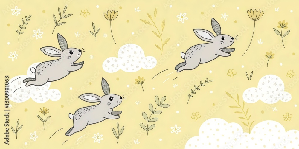 Fototapeta premium three adorable rabbits jumping with joy in a whimsical floral scene 