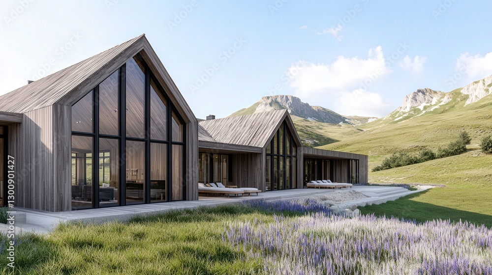 Modern farmhouse architecture in scenic landscape low resolution asymmetrical design Modern farmhouse architecture in scenic landscape low resolution asymmetrical design