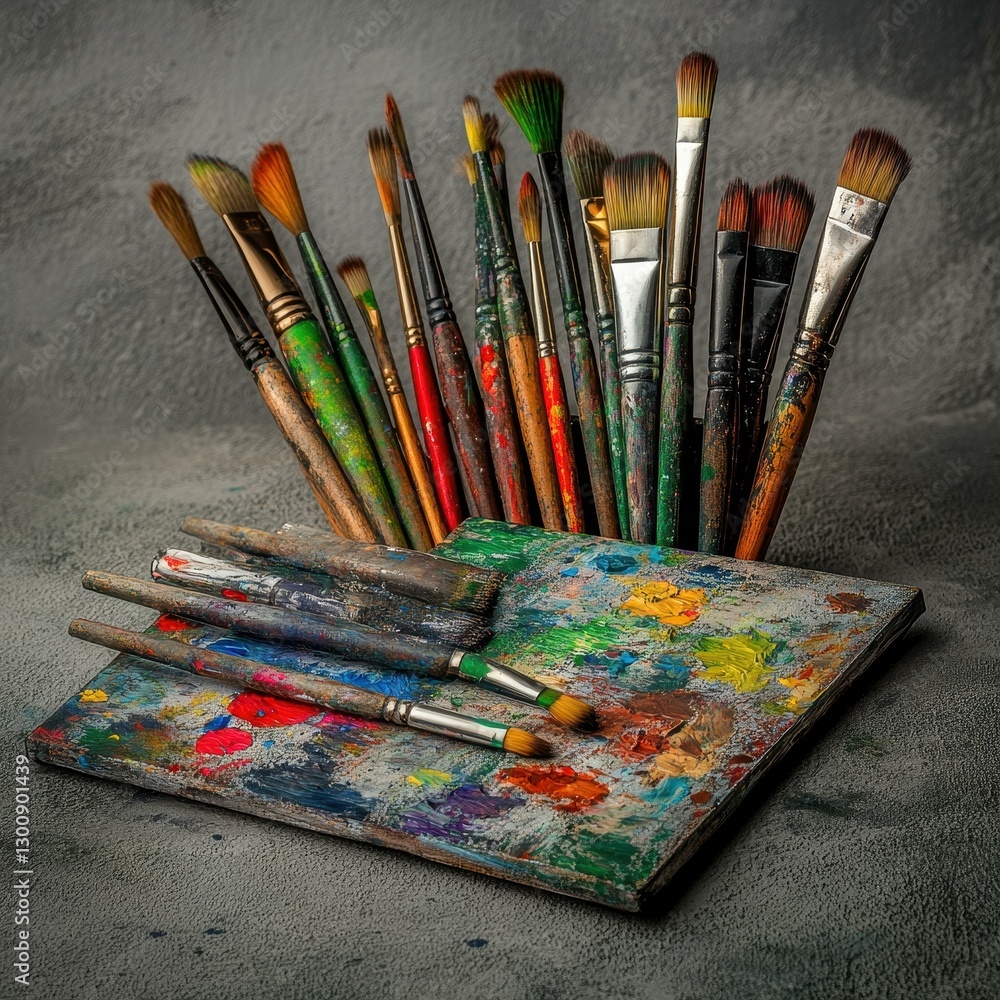 Obraz premium Colorful Collection of Paintbrushes and a Palette on a Textured Surface Ready for Artistic Creation