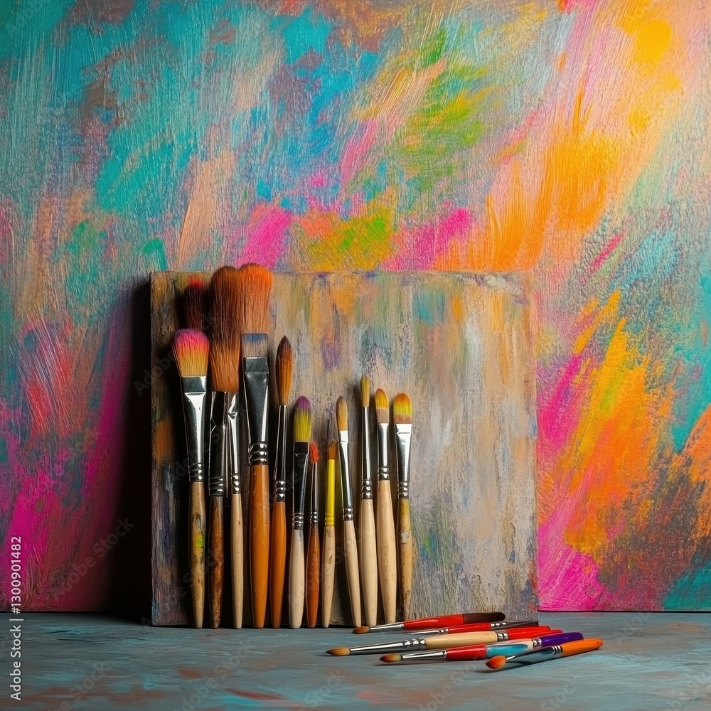 Fototapeta premium Creative Workspace With Colorful Paintbrushes and Vibrant Background in an Artistic Studio Setting