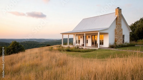 Modern farmhouse architecture white painted home with barn-style door in serene landscape photo