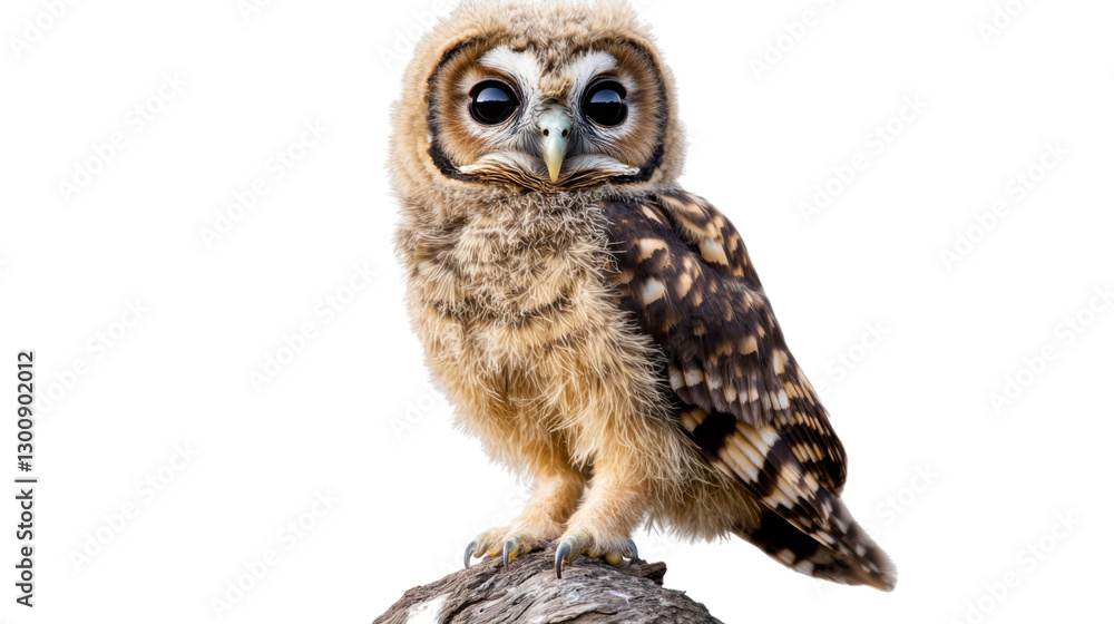 Naklejka premium An owl perched on a branch, with large golden eyes, soft feathers, and a calm expression. The background is completely transparent, showcasing the owl in full focus