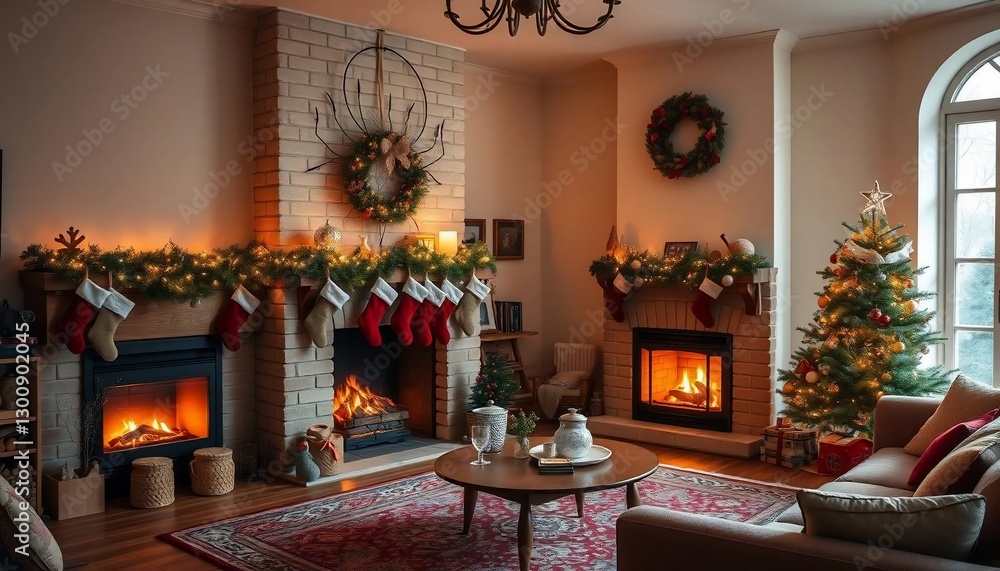 Cozy Christmas Eve at Home: Fireplace, Christmas Tree, and Festive Decorations Cozy Christmas Eve at Home: Fireplace, Christmas Tree, and Festive Decorations