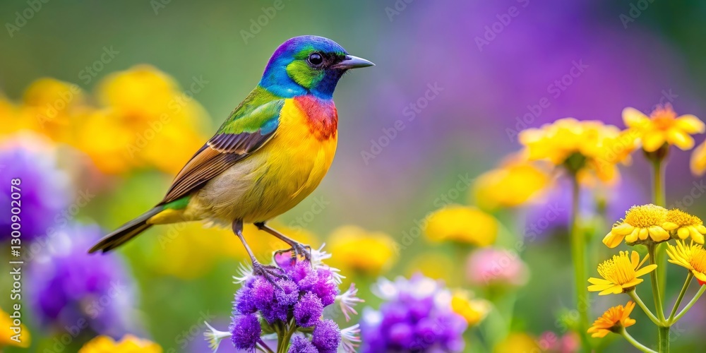 Obraz premium Vibrant feathered jewel perched amidst a profusion of colorful blossoms, a breathtaking display of nature's artistry and beauty in a vibrant garden setting.