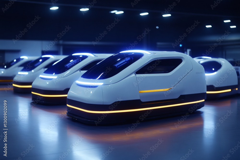 Obraz premium Futuristic White Vehicles In Dark Hangar