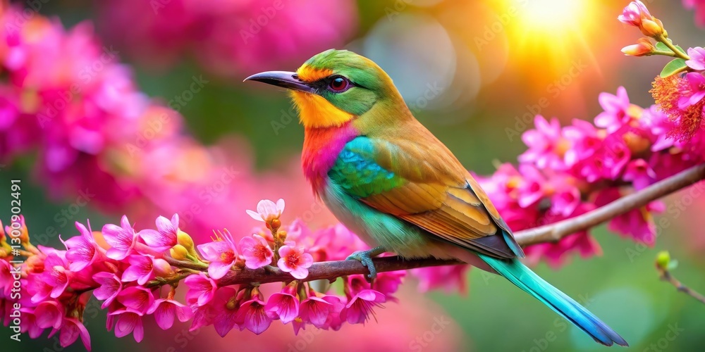 Vibrant Rainbow Bird Perched on a Branch Amidst a Blooming Pink Floral Display in Sunlight Vibrant Rainbow Bird Perched on a Branch Amidst a Blooming Pink Floral Display in Sunlight
