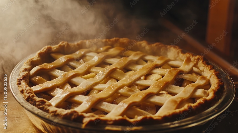 Warm, Golden Lattice Apple Pie Freshly Baked and Steaming in Dish Warm, Golden Lattice Apple Pie Freshly Baked and Steaming in Dish