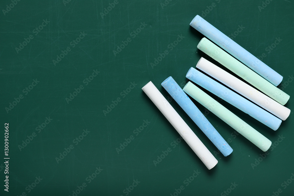 Colorful chalks on green blackboard Colorful chalks on green blackboard