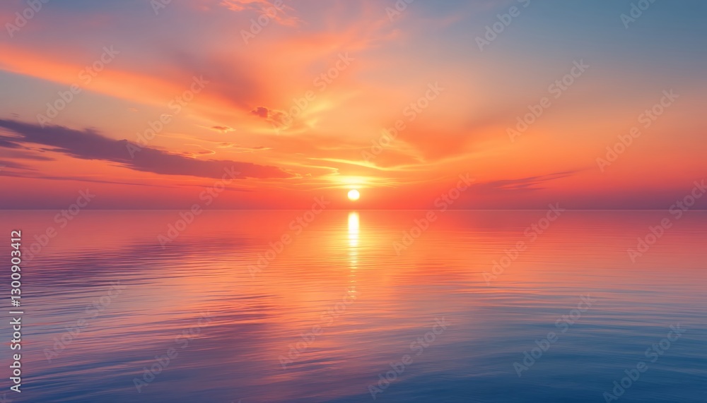 Obraz premium Orange Sunset Over Ocean, Serene Water Reflections, Sky Art 