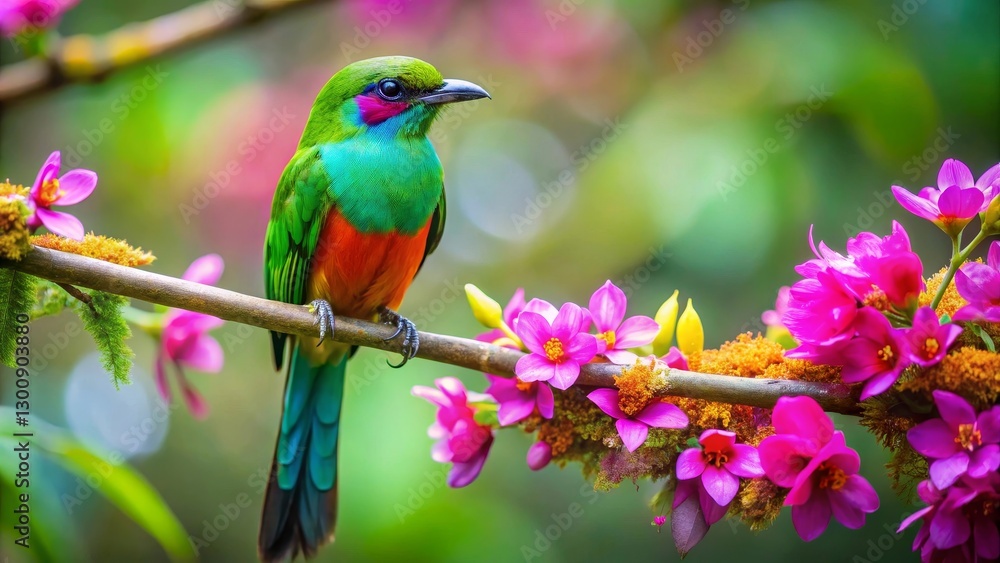 Fototapeta premium Vibrant tropical bird perched on a flowering branch, showcasing its iridescent plumage against a lush green background, a delightful scene of nature's beauty.