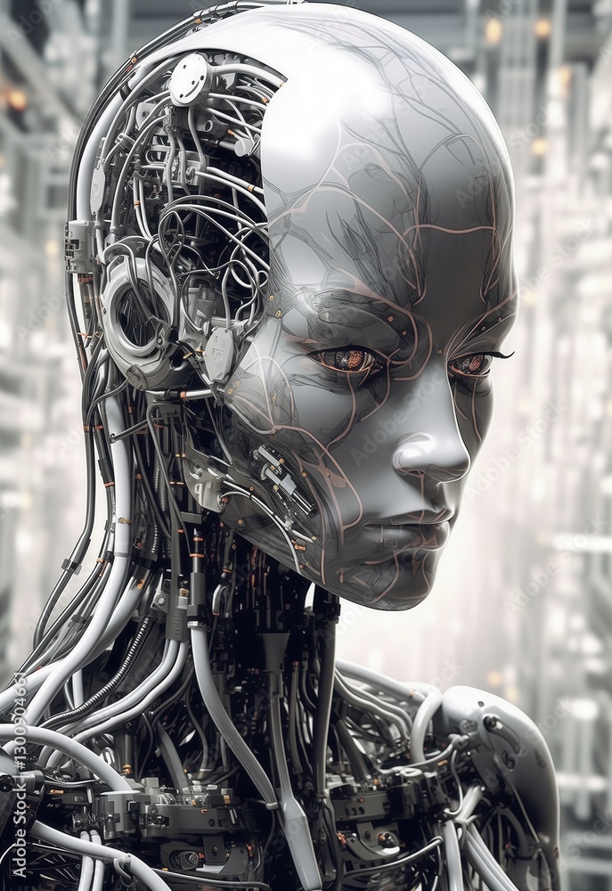 Humanoid android, consisting of complex circuits and wires. Humanoid android, consisting of complex circuits and wires.