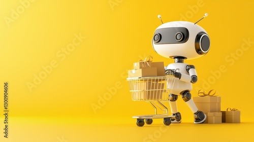 Wallpaper Mural Cute Robot with Shopping Cart and Gift Boxes Against a Bright Yellow Background for E-commerce and Technology Themes Torontodigital.ca