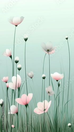 Soft Pastel Flowers Sway Gently in a Tranquil Field During a Calm Morning