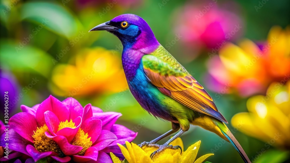 Fototapeta premium A Vibrant Rainbow Bird Perched Amongst Vivid Blossoms in a Lush Garden