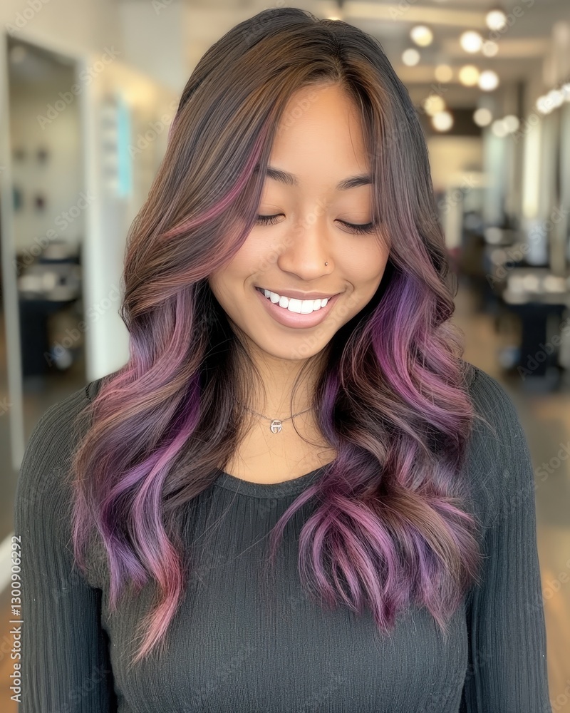 Fototapeta premium A stylist showcasing the final touches on a vibrant balayage hair color