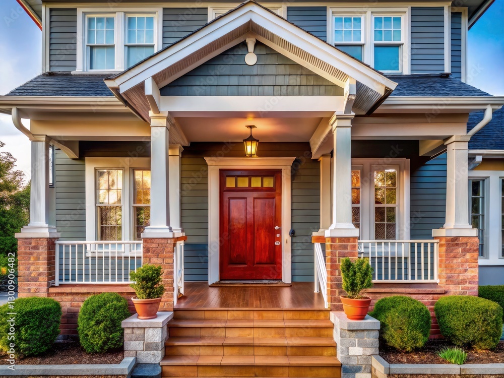 Obraz premium Grey Siding House Exterior, Red Brick Porch, White Trim, Wooden Front Door, Home Exterior Design, Real Estate Photography