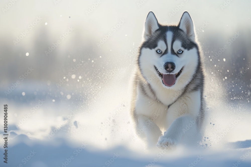 Happy husky dog running fast in the snow on a cold winter day Happy husky dog running fast in the snow on a cold winter day