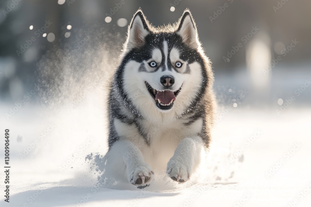 Happy husky dog running fast on snow in winter, enjoying the cold weather Happy husky dog running fast on snow in winter, enjoying the cold weather