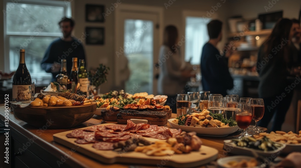 A table filled with charcuterie, finger foods, and drinks at a housewarming gathering A table filled with charcuterie, finger foods, and drinks at a housewarming gathering