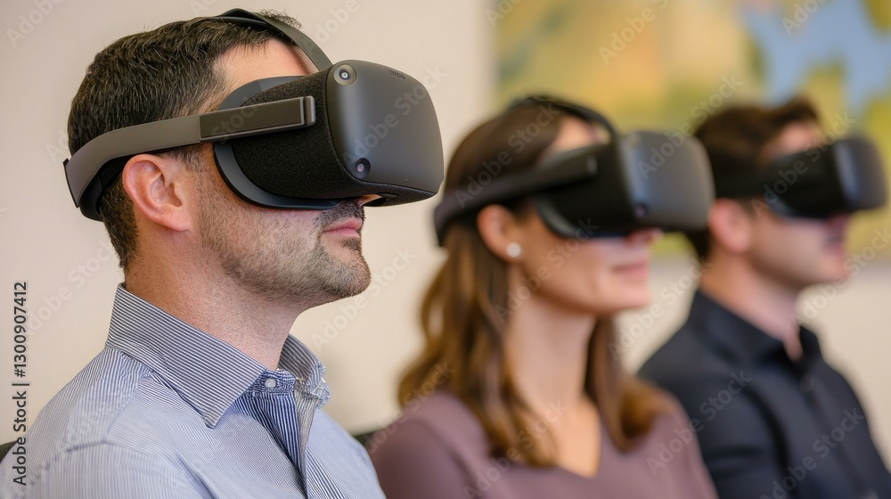 Group of three individuals engaged in a virtual reality experience, wearing VR headsets and deeply immersed in digital interaction or gaming in a modern indoor setting. Group of three individuals engaged in a virtual reality experience, wearing VR headsets and deeply immersed in digital interaction or gaming in a modern indoor setting.
