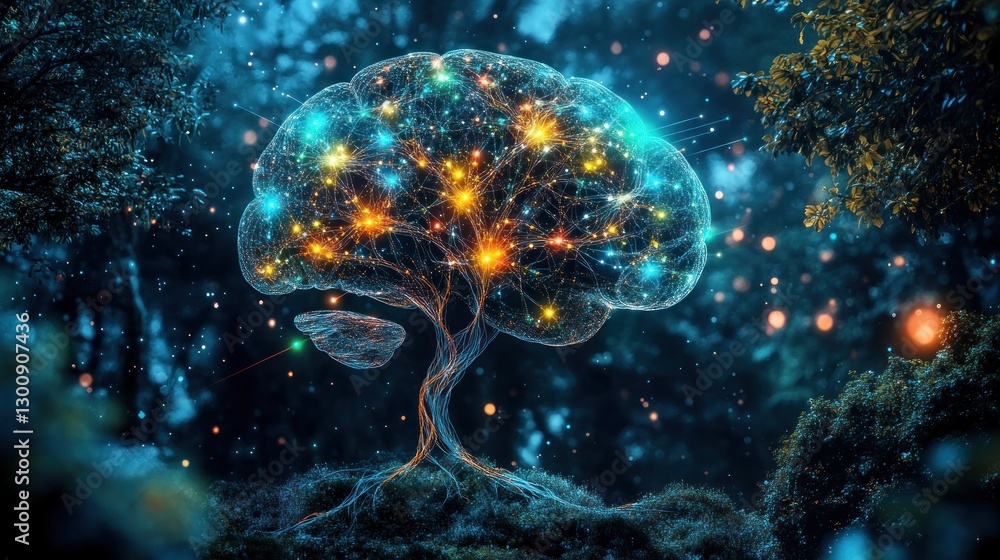 A surreal depiction of a brain as a glowing tree in a mystical forest. A surreal depiction of a brain as a glowing tree in a mystical forest.