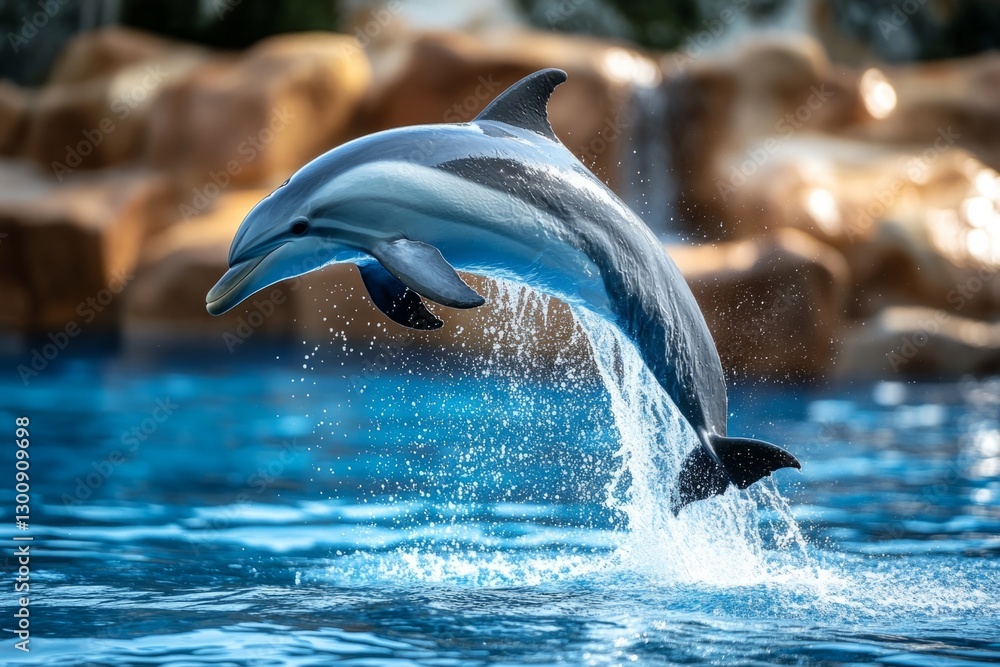 Obraz premium Pacific white-sided dolphin jumping and splashing water in a pool, with rocks and waterfall in the background