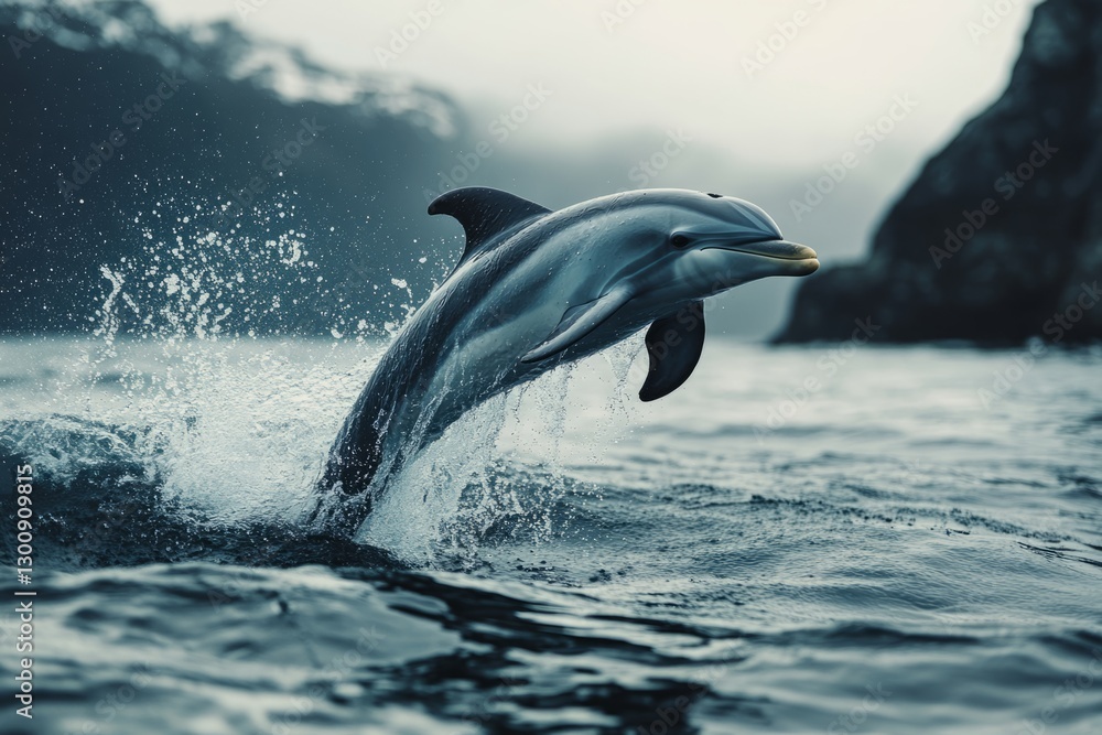 Fototapeta premium Dusky dolphin breaches the surface of the water, creating a splash against a backdrop of misty fjords