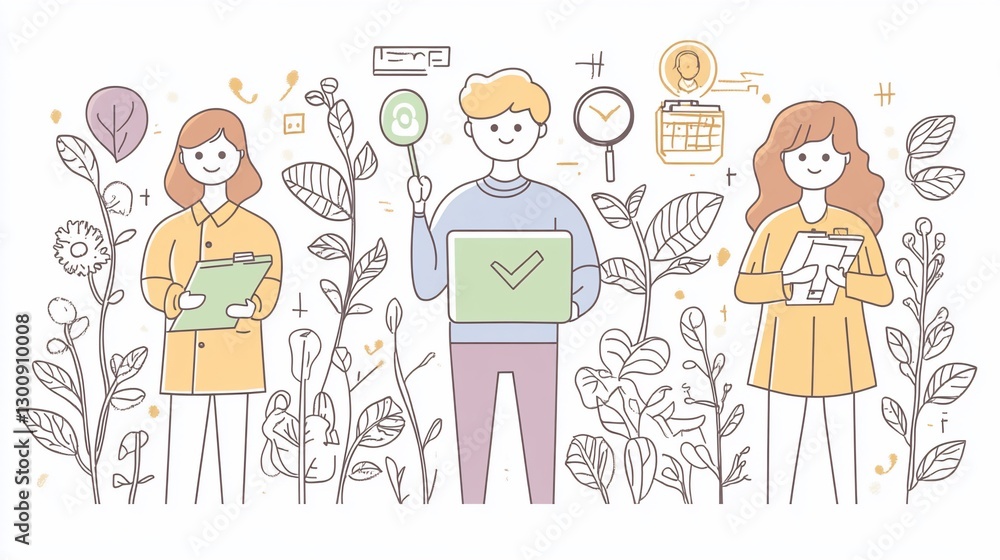 Team collaboration, project success, nature background, planning, illustration Team collaboration, project success, nature background, planning, illustration