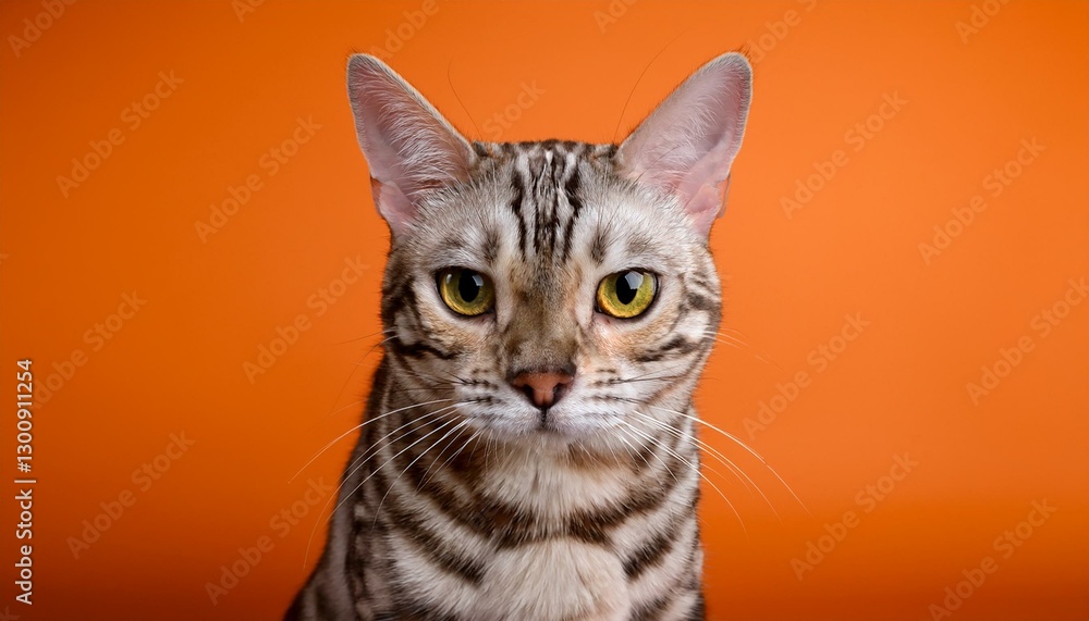 silver tabby bengal cat looking displeased and angry on orange background with copy space silver tabby bengal cat looking displeased and angry on orange background with copy space